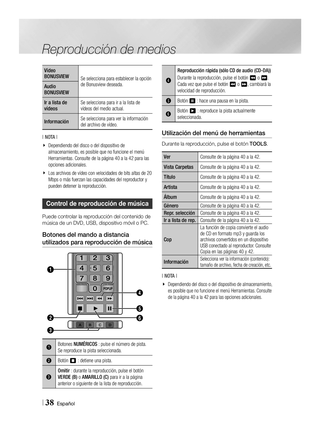 Samsung BD-ES6000/ZF, BD-ES6000E/ZF manual Control de reproducción de música 