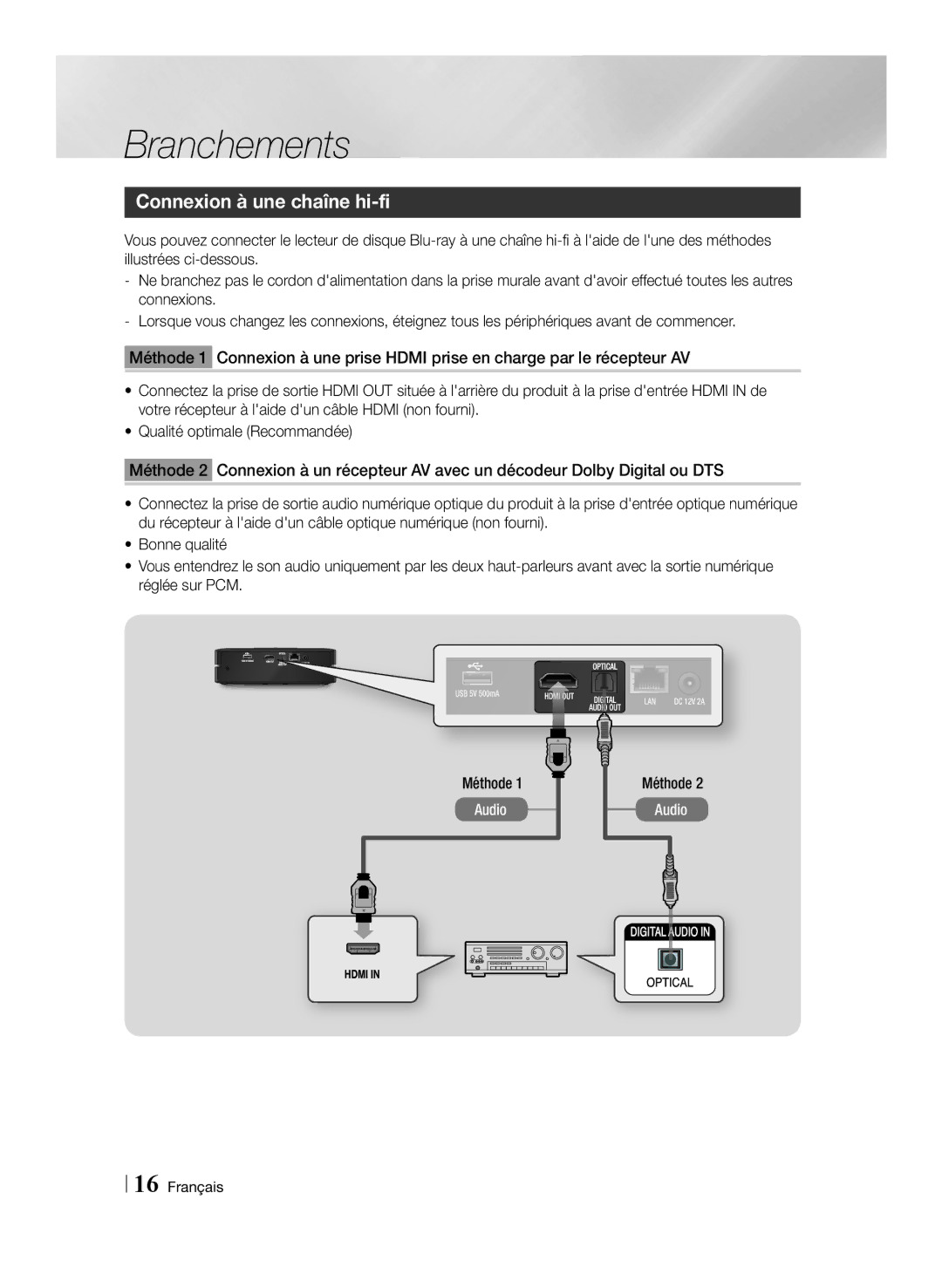 Samsung BD-ES6000/ZF, BD-ES6000E/ZF manual Connexion à une chaîne hi-fi 