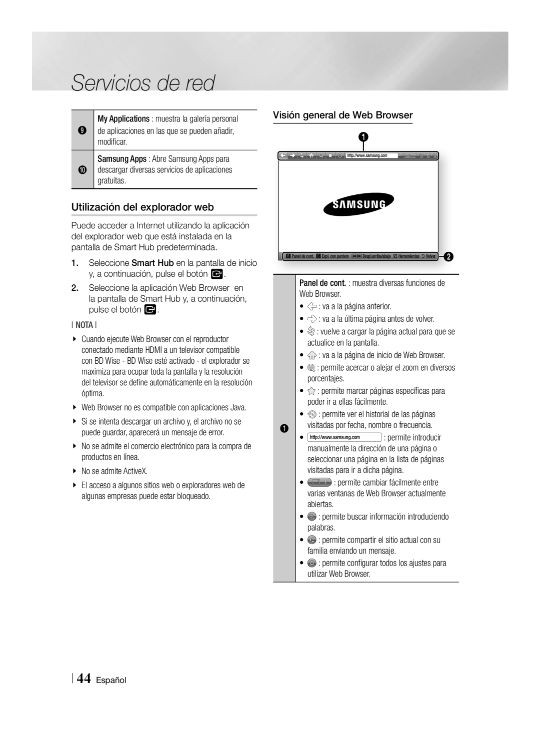 Samsung BD-ES6000/ZF, BD-ES6000E/ZF manual Utilización del explorador web, Visión general de Web Browser 