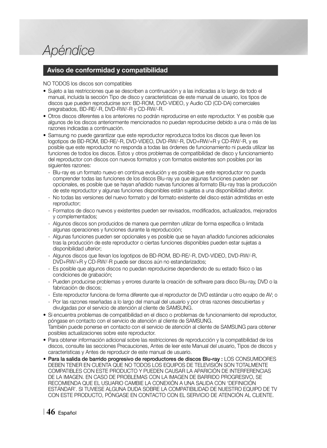 Samsung BD-ES6000/ZF, BD-ES6000E/ZF manual Apéndice, Aviso de conformidad y compatibilidad 