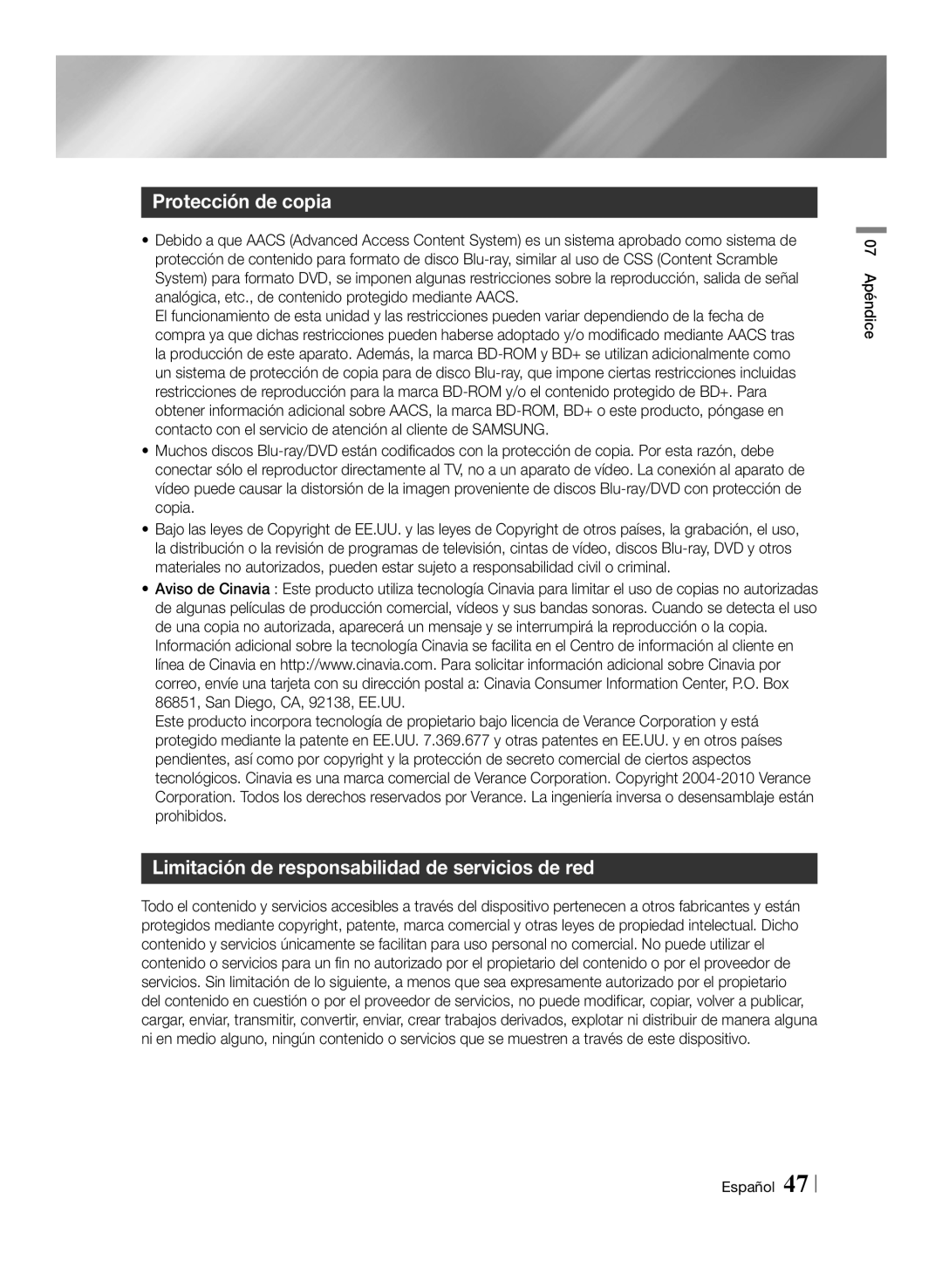 Samsung BD-ES6000E/ZF manual Protección de copia, Limitación de responsabilidad de servicios de red, 07 Apéndice Español 