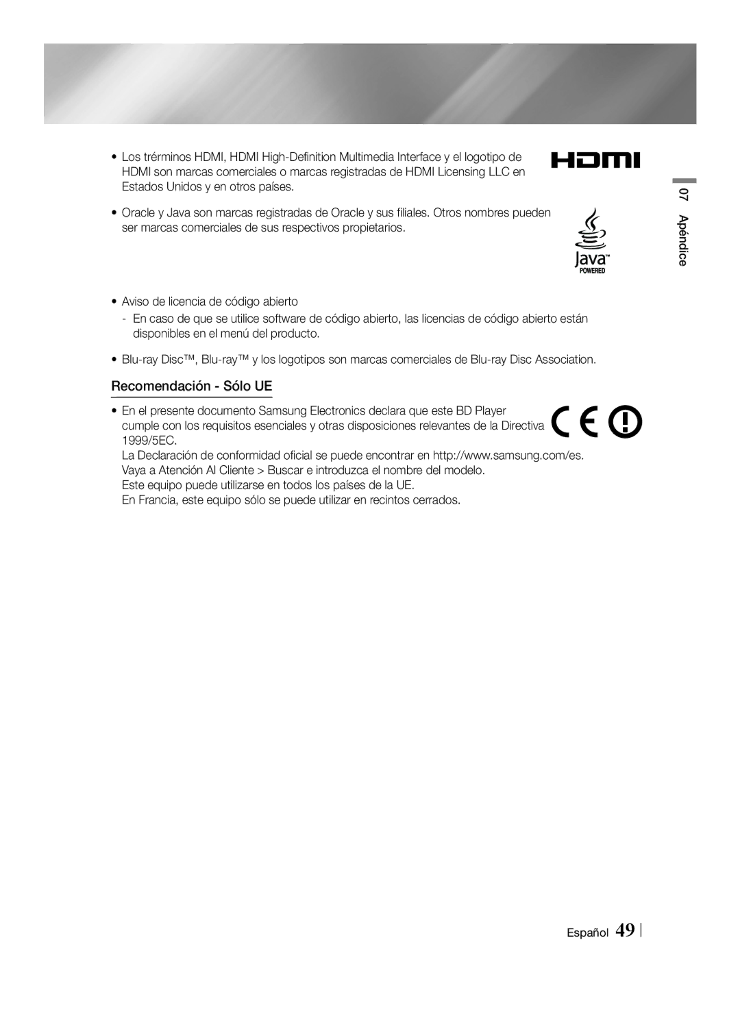 Samsung BD-ES6000E/ZF, BD-ES6000/ZF manual Recomendación Sólo UE 