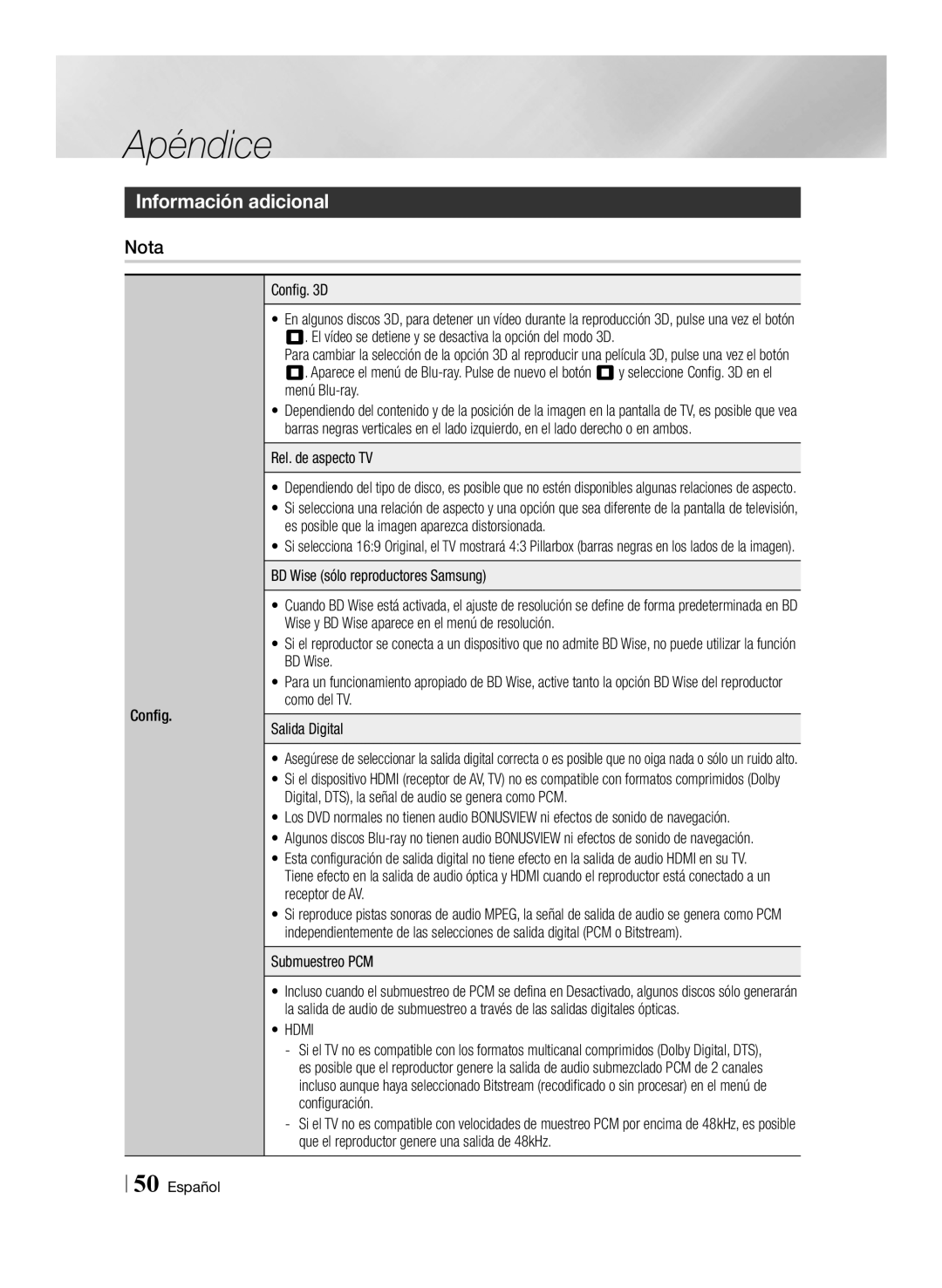 Samsung BD-ES6000/ZF manual Información adicional, Config Config D, Rel. de aspecto TV, BD Wise sólo reproductores Samsung 