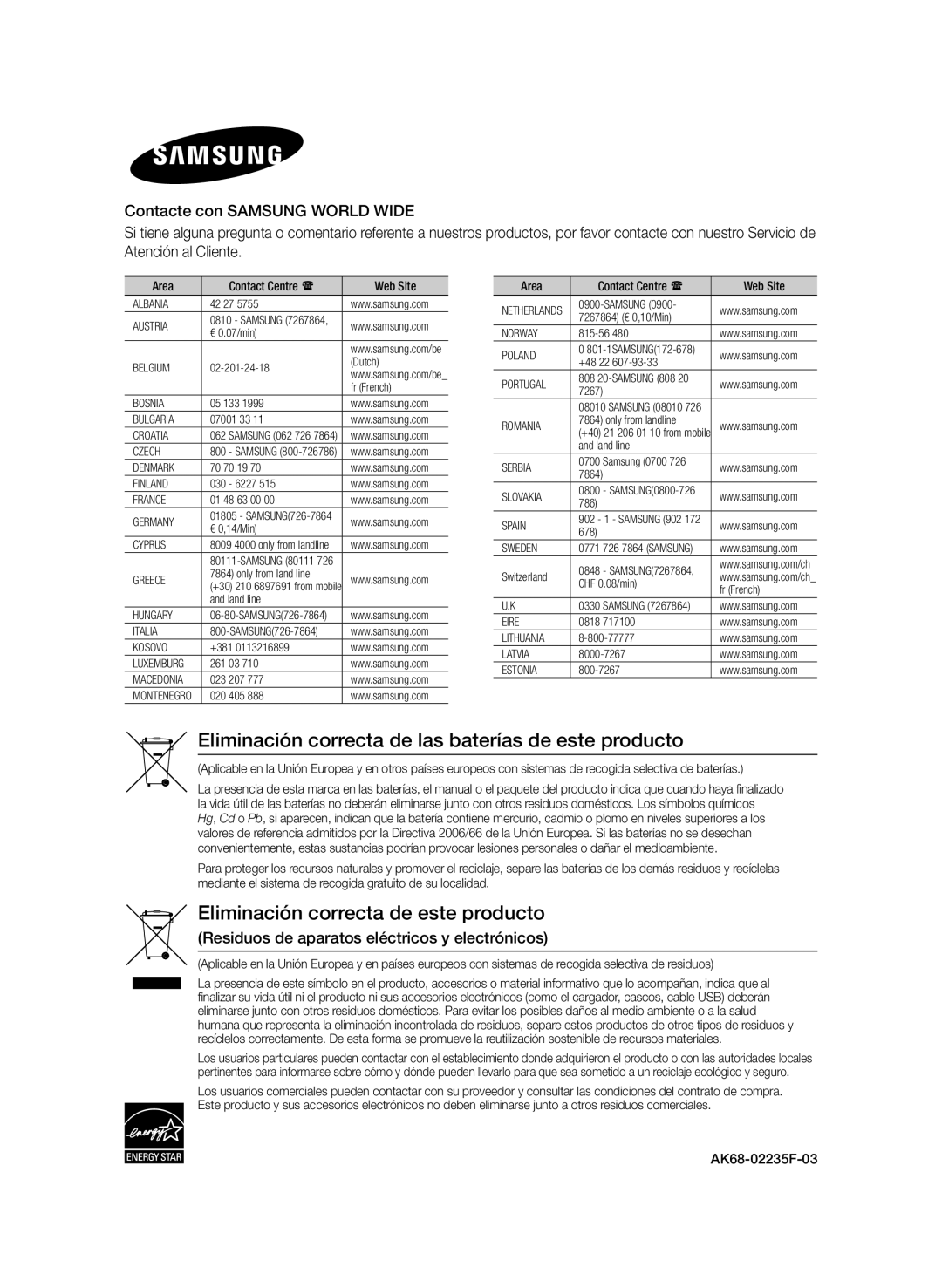 Samsung BD-ES6000E/ZF, BD-ES6000/ZF manual Eliminación correcta de las baterías de este producto, Area 