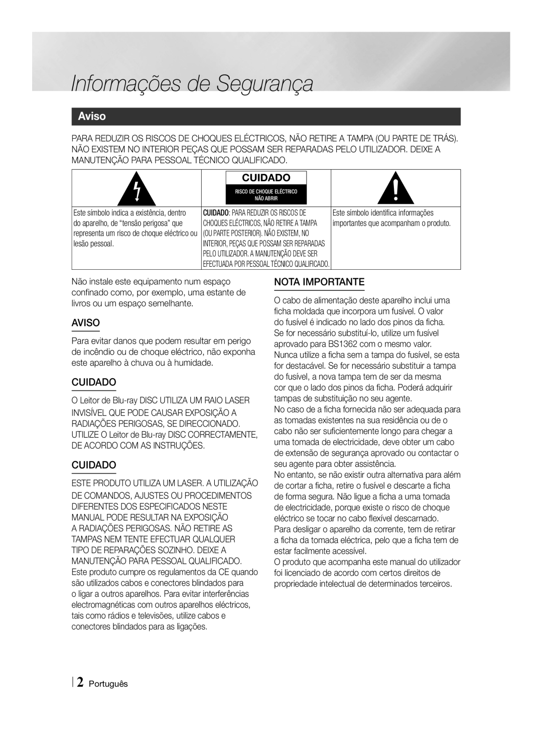 Samsung BD-ES6000E/ZF manual Informações de Segurança, Aviso, Lesão pessoal, Português, Este símbolo identifica informações 