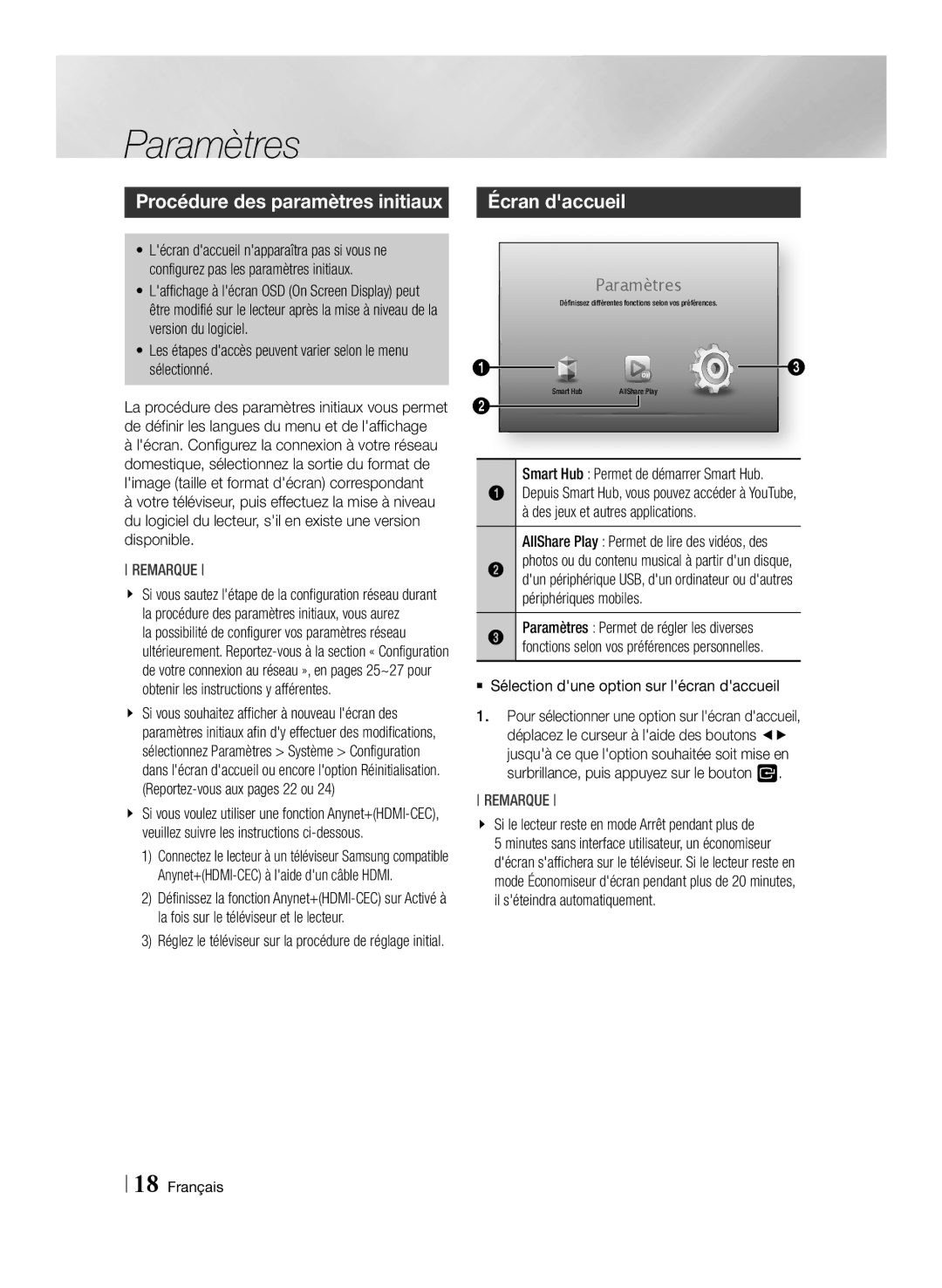 Samsung BD-ES6000/ZF, BD-ES6000E/ZF manual Paramètres, Procédure des paramètres initiaux, Écran daccueil 