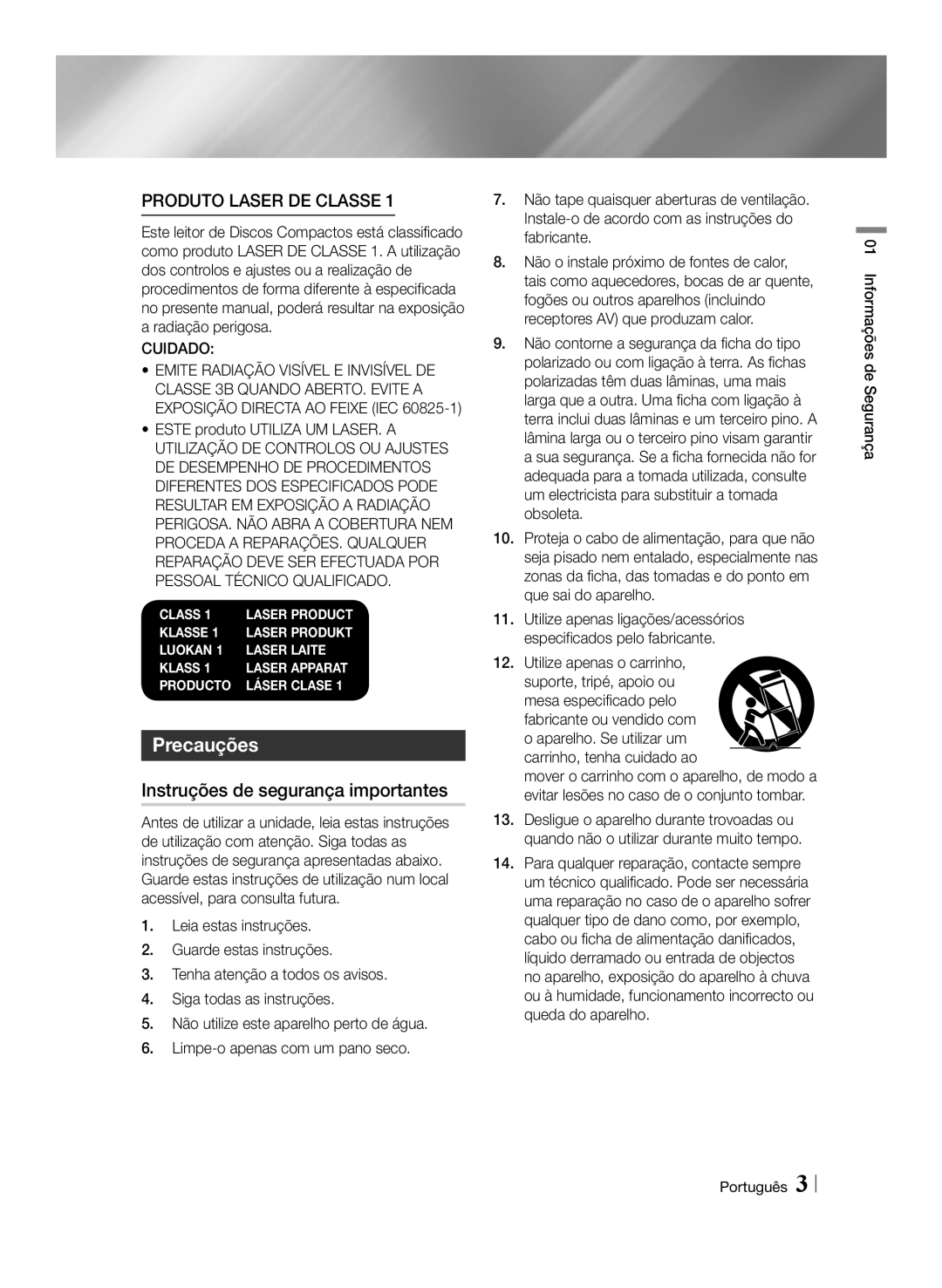 Samsung BD-ES6000/ZF manual Precauções, Instruções de segurança importantes, Cuidado, Informações de Segurança Português 