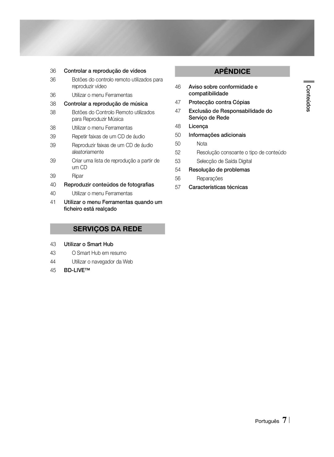 Samsung BD-ES6000/ZF, BD-ES6000E/ZF manual Apêndice, Conteúdos Português 