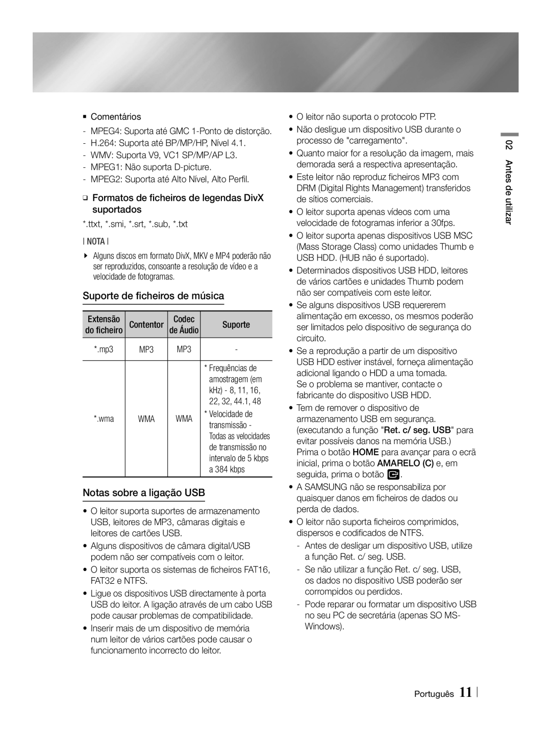 Samsung BD-ES6000/ZF, BD-ES6000E/ZF manual Suporte de ficheiros de música, Notas sobre a ligação USB 