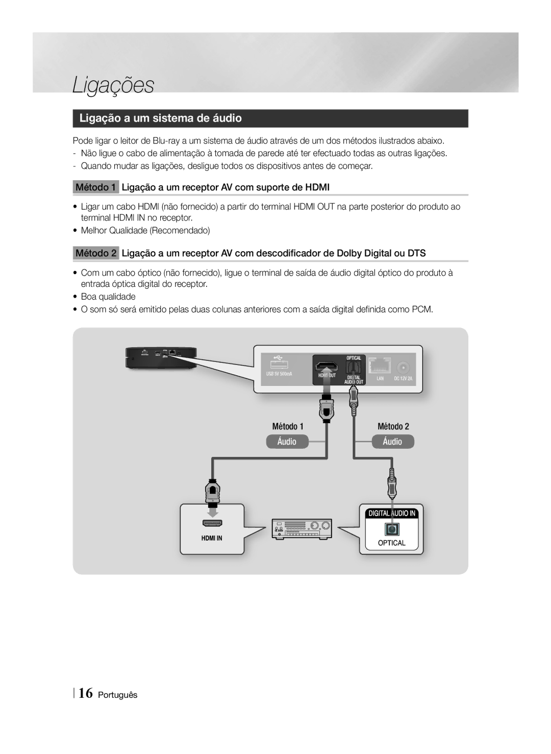 Samsung BD-ES6000E/ZF, BD-ES6000/ZF manual Ligação a um sistema de áudio 