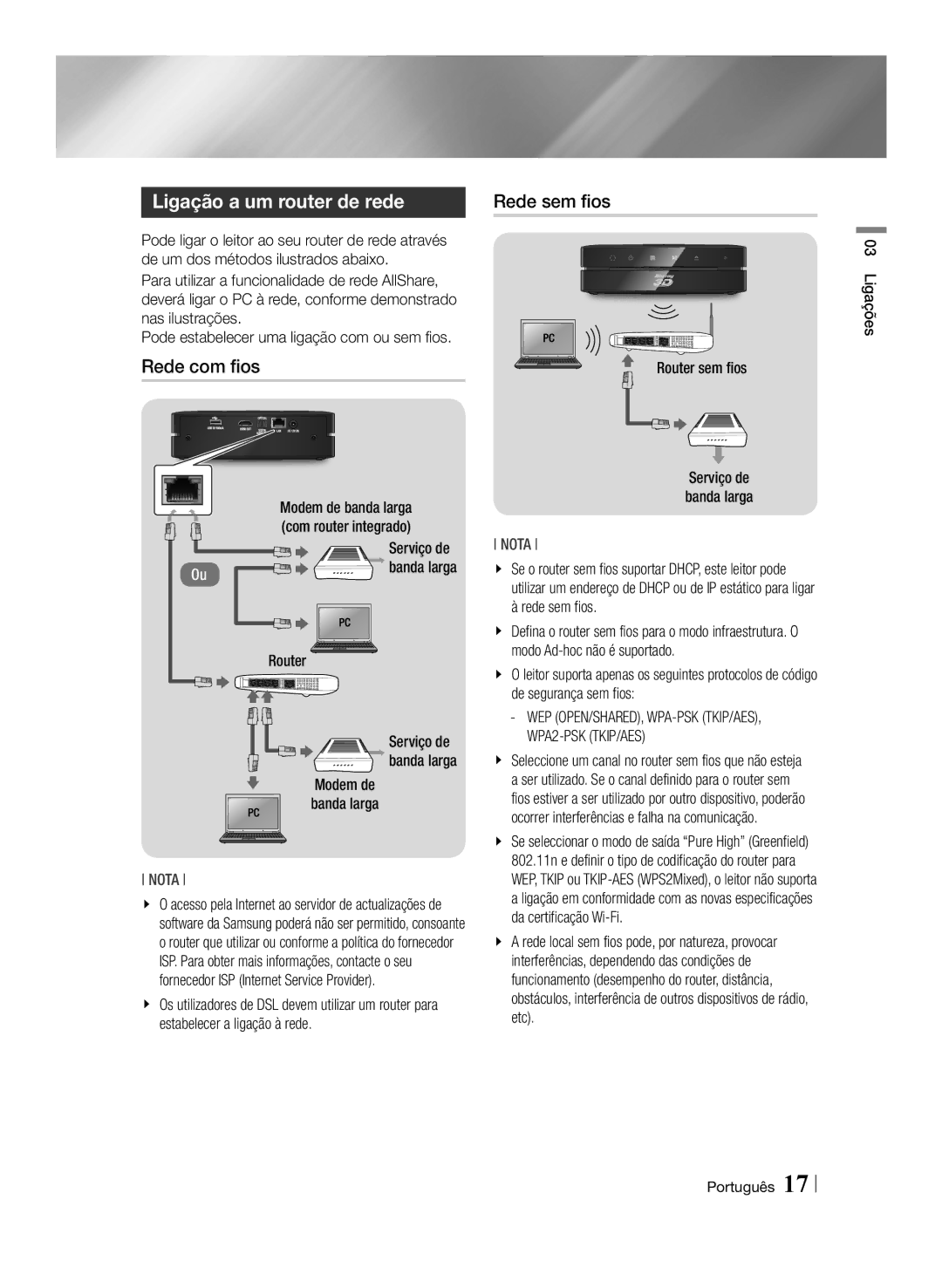 Samsung BD-ES6000/ZF, BD-ES6000E/ZF manual Ligação a um router de rede, Rede com fios, Rede sem fios 