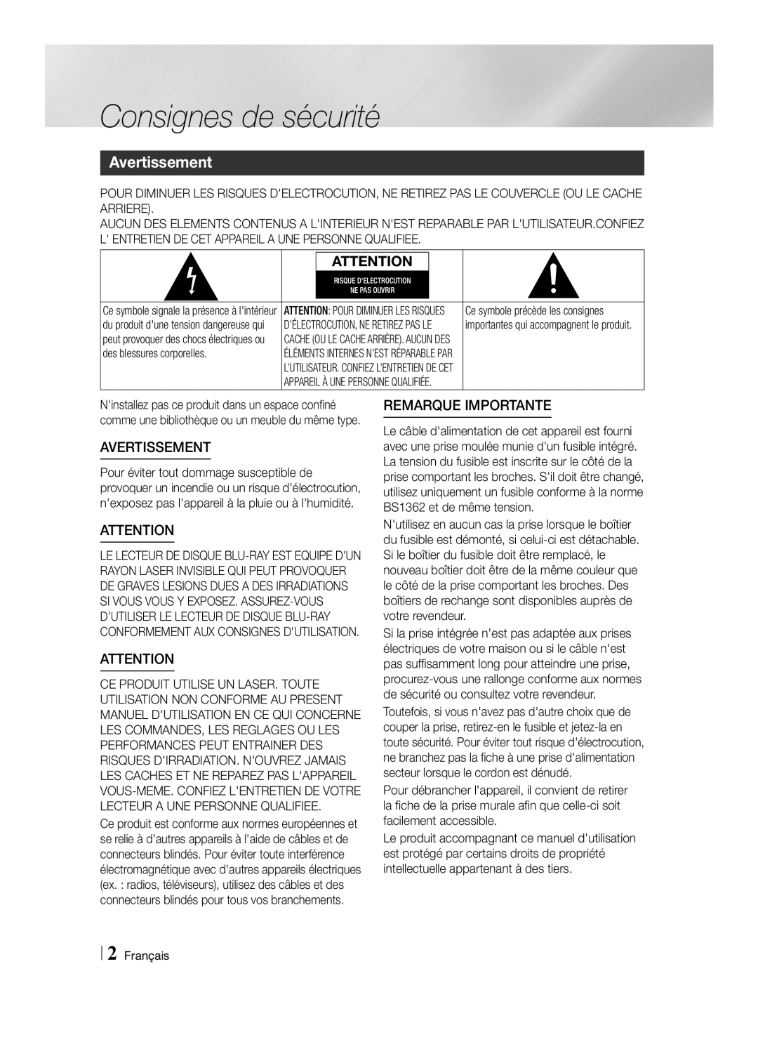 Samsung BD-ES6000/ZF, BD-ES6000E/ZF manual Consignes de sécurité, Avertissement 