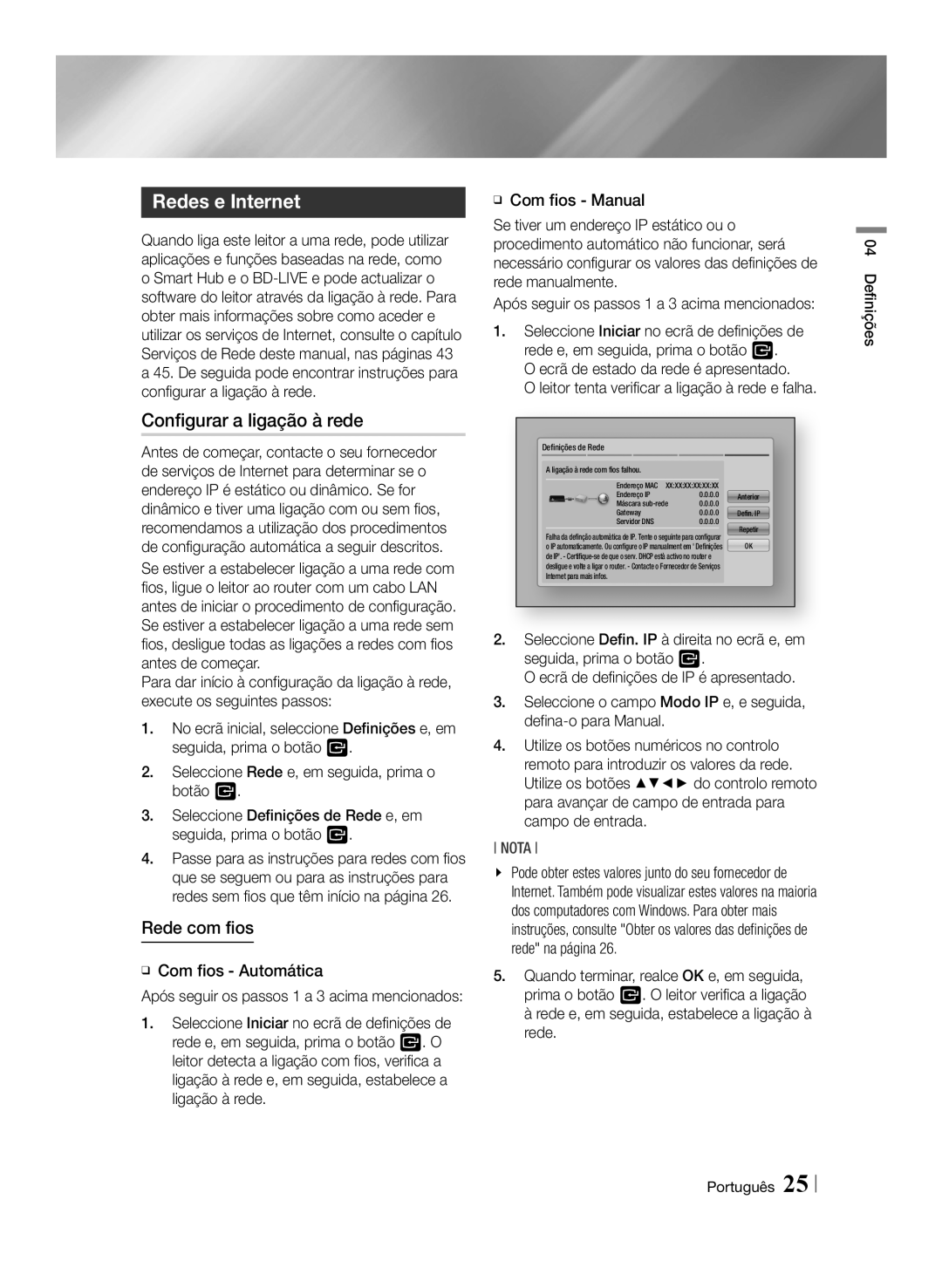 Samsung BD-ES6000/ZF, BD-ES6000E/ZF manual Configurar a ligação à rede, Rede com fios, ĞĞ Com fios Automática 