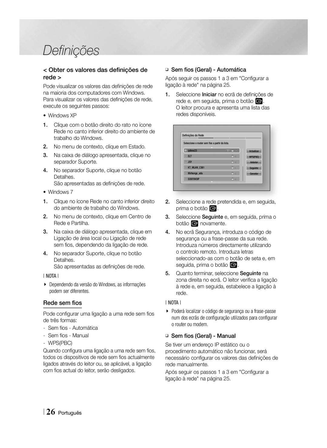 Samsung BD-ES6000E/ZF, BD-ES6000/ZF Obter os valores das definições de rede, Rede sem fios, ĞĞ Sem fios Geral Automática 