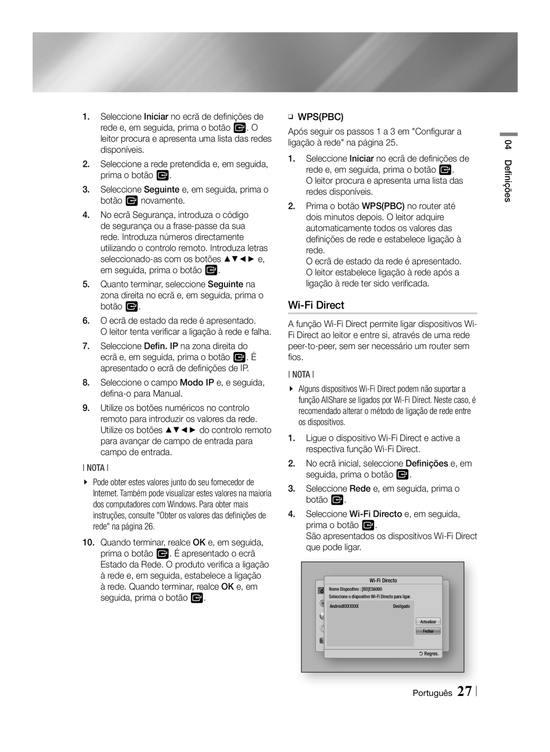 Samsung BD-ES6000/ZF, BD-ES6000E/ZF manual Definições, Wi-Fi Directo 