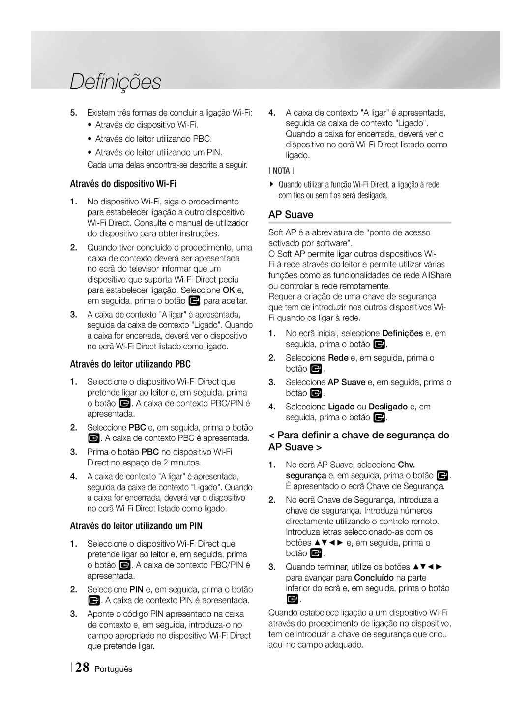 Samsung BD-ES6000E/ZF, BD-ES6000/ZF manual AP Suave, Através do dispositivo Wi-Fi, Através do leitor utilizando PBC 