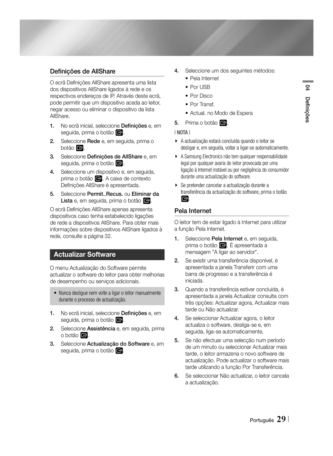 Samsung BD-ES6000/ZF, BD-ES6000E/ZF manual Definições de AllShare, Actualizar Software, Pela Internet 