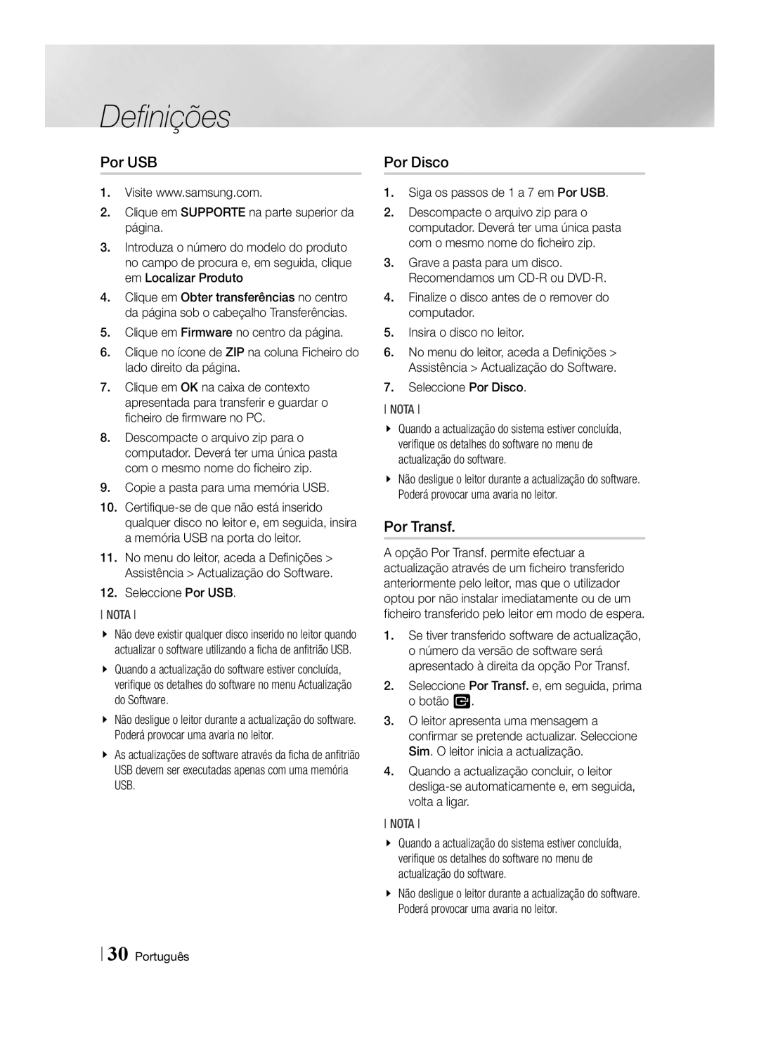 Samsung BD-ES6000E/ZF manual Siga os passos de 1 a 7 em Por USB, Seleccione Por Transf. e, em seguida, prima o botão 