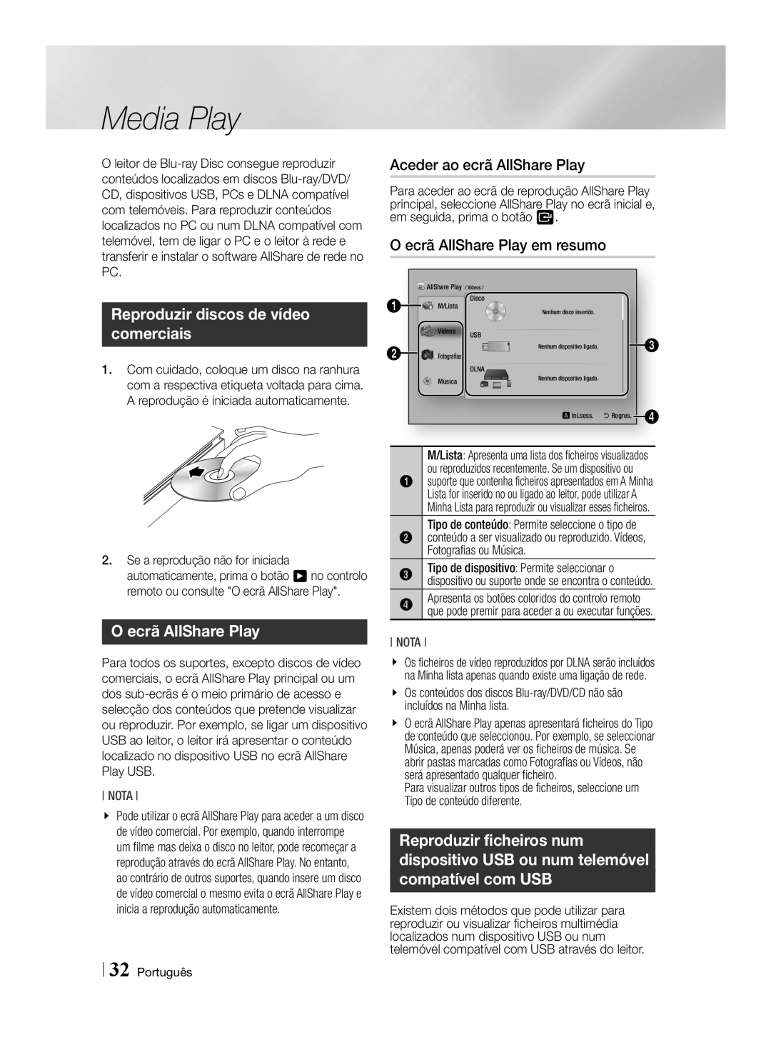 Samsung BD-ES6000E/ZF manual Reproduzir discos de vídeo comerciais, Ecrã AllShare Play, Aceder ao ecrã AllShare Play 