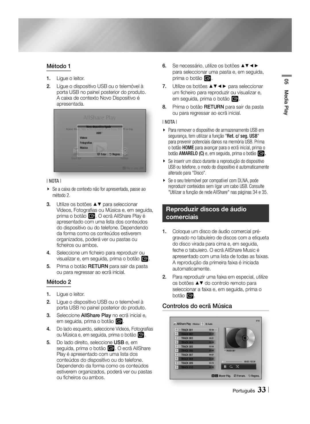 Samsung BD-ES6000/ZF, BD-ES6000E/ZF manual Reproduzir discos de áudio comerciais, Controlos do ecrã Música, Ligue o leitor 