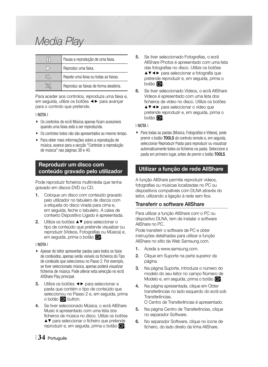 Samsung BD-ES6000E/ZF, BD-ES6000/ZF manual Utilizar a função de rede AllShare, Transferir o software AllShare 