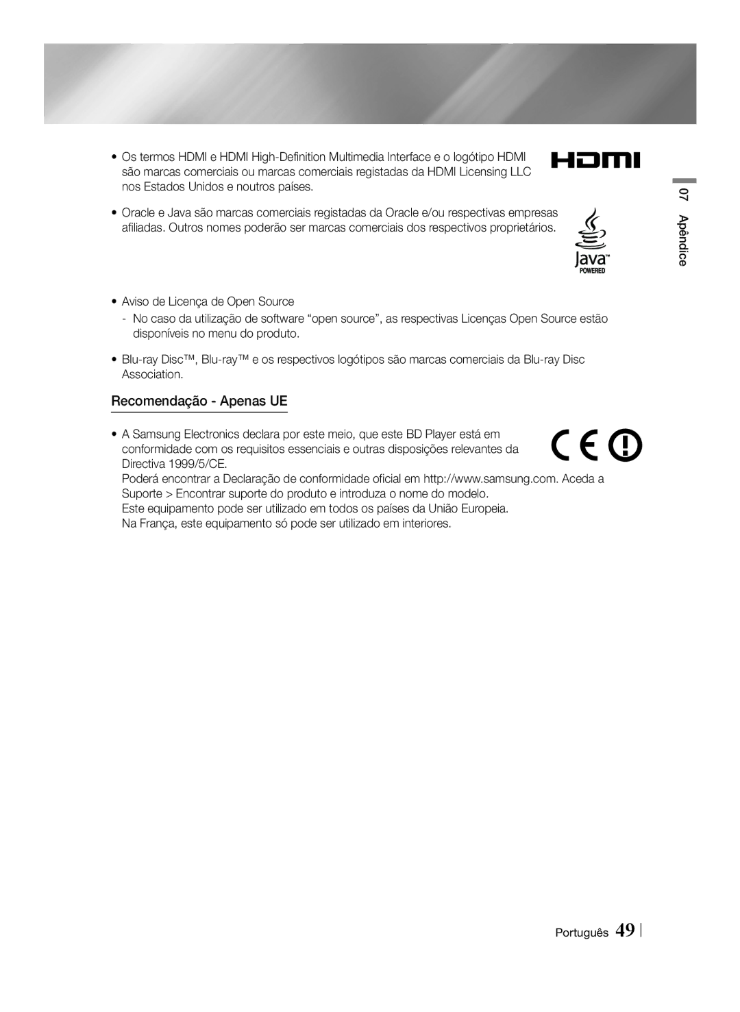 Samsung BD-ES6000/ZF, BD-ES6000E/ZF manual Recomendação Apenas UE 