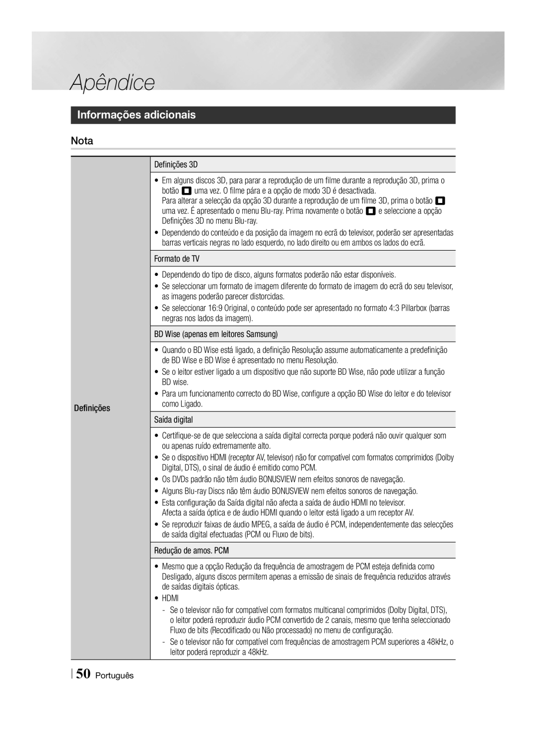 Samsung BD-ES6000E/ZF, BD-ES6000/ZF manual Informações adicionais, Definições Definições 3D, Redução de amos. PCM 