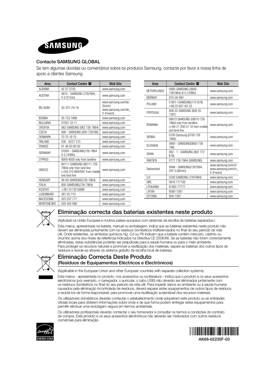 Samsung BD-ES6000/ZF manual Eliminação correcta das baterias existentes neste produto, Area Contact Centre  Web Site 