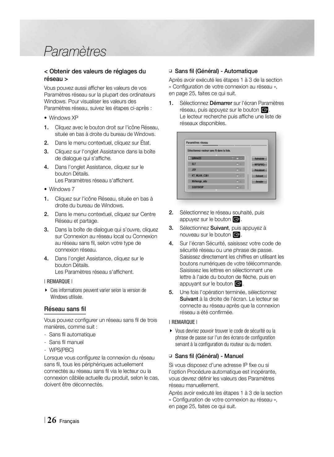 Samsung BD-ES6000/ZF, BD-ES6000E/ZF manual Obtenir des valeurs de réglages du réseau, Réseau sans fil, Windows XP, Wpspbc 