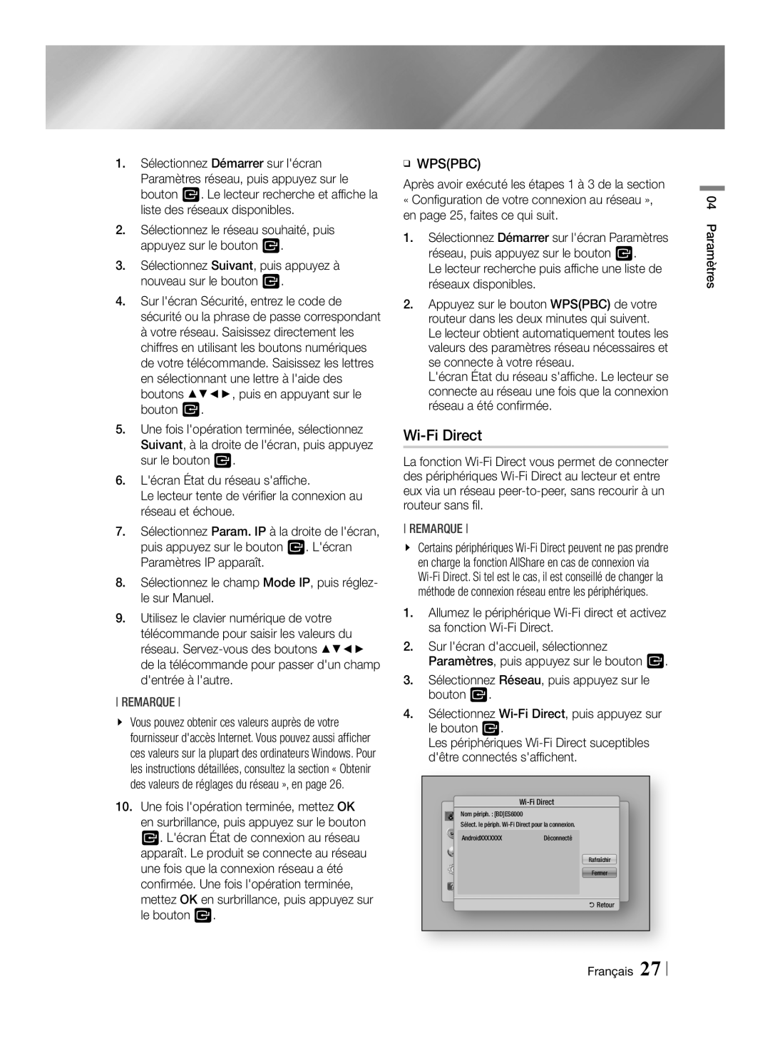 Samsung BD-ES6000E/ZF, BD-ES6000/ZF manual Wi-Fi Direct, ĞĞ Wpspbc, Français Paramètres 