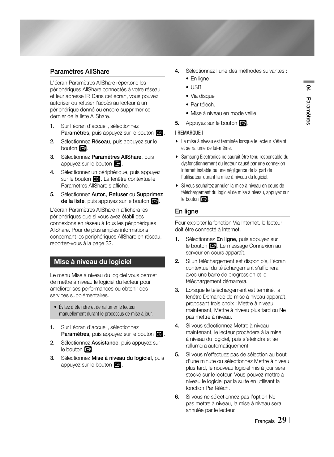 Samsung BD-ES6000E/ZF, BD-ES6000/ZF manual Paramètres AllShare, Mise à niveau du logiciel, En ligne, Usb 