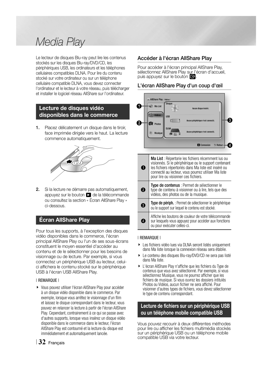 Samsung BD-ES6000/ZF Media Play, Écran AllShare Play, Accéder à lécran AllShare Play, Lécran AllShare Play dun coup dœil 