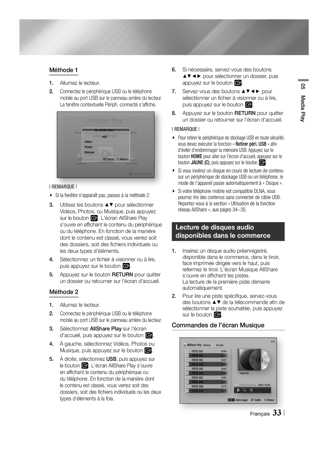 Samsung BD-ES6000E/ZF, BD-ES6000/ZF manual Commandes de lécran Musique, Méthode, Allumez le lecteur, Media Play, Français 