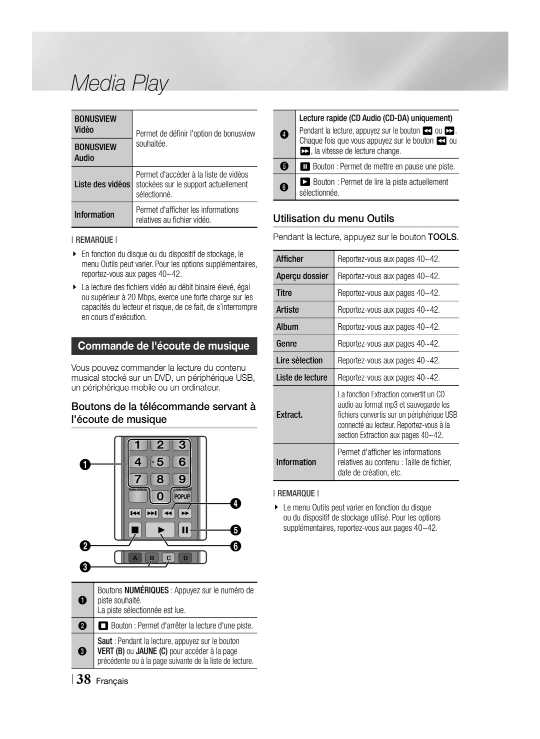 Samsung BD-ES6000/ZF Commande de lécoute de musique, Boutons de la télécommande servant à lécoute de musique, Bonusview 