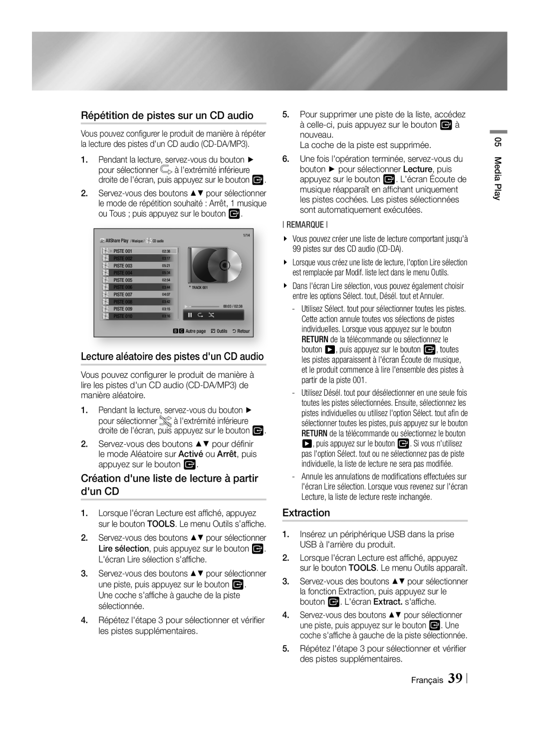 Samsung BD-ES6000E/ZF Répétition de pistes sur un CD audio, Création dune liste de lecture à partir dun CD, Extraction 