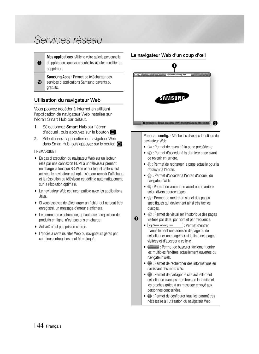 Samsung BD-ES6000/ZF, BD-ES6000E/ZF manual Utilisation du navigateur Web, Le navigateur Web d’un coup d’œil 