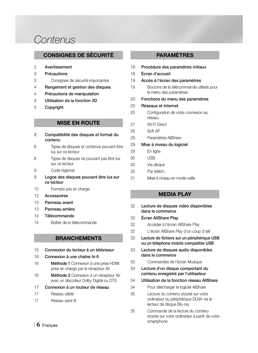 Samsung BD-ES6000/ZF, BD-ES6000E/ZF manual Contenus, Consignes de sécurité 