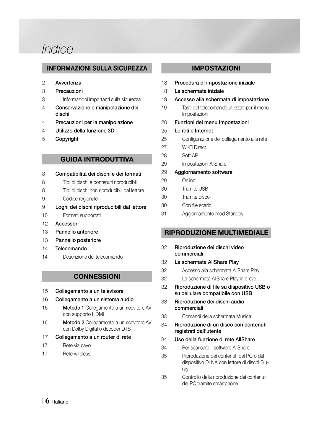 Samsung BD-ES6000E/ZF manual Indice, Compatibilità dei dischi e dei formati, Tipi di dischi e contenuti riproducibili 