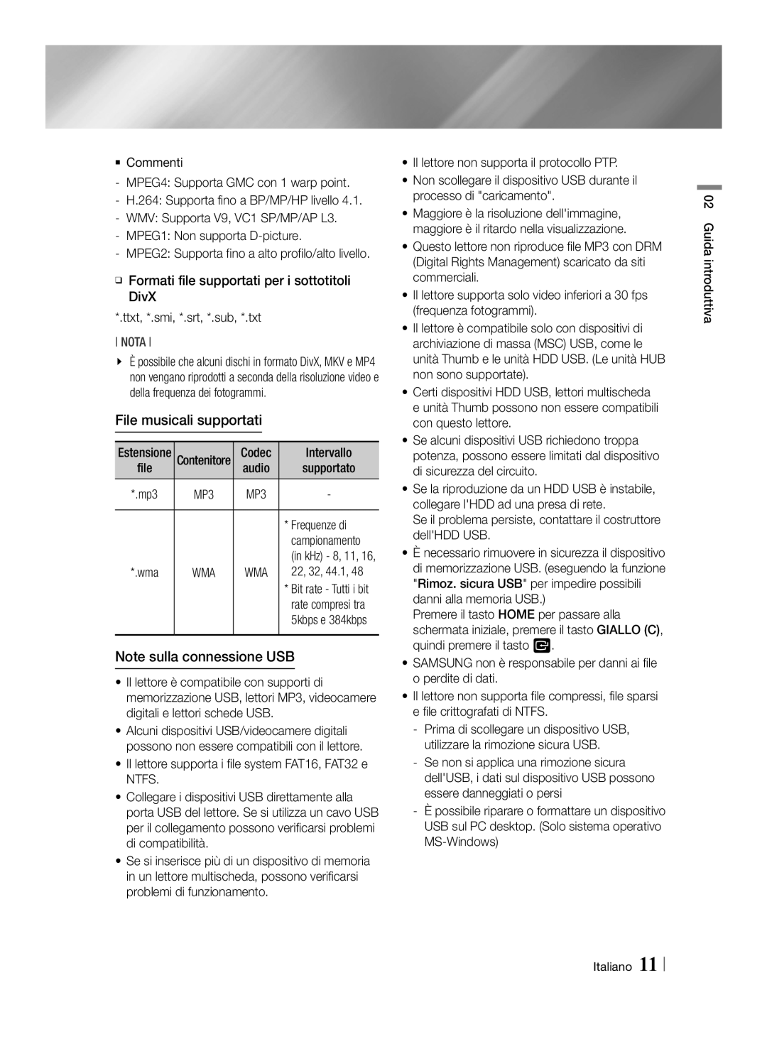 Samsung BD-ES6000/ZF, BD-ES6000E/ZF manual File musicali supportati, Frequenze di 