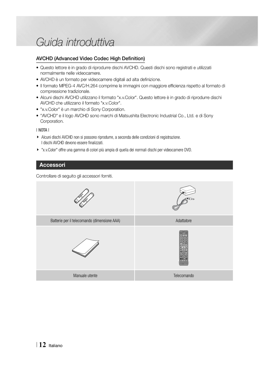 Samsung BD-ES6000E/ZF, BD-ES6000/ZF manual Accessori, Avchd Advanced Video Codec High Definition, Manuale utente Telecomando 