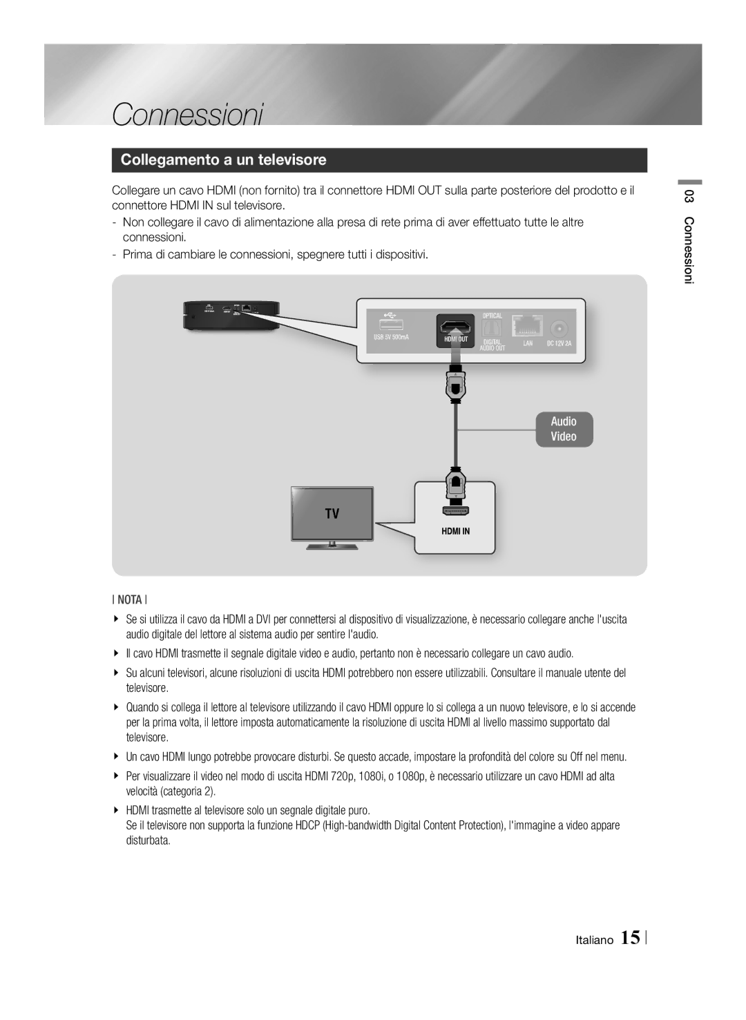 Samsung BD-ES6000/ZF, BD-ES6000E/ZF manual Collegamento a un televisore, Connessioni Italiano 