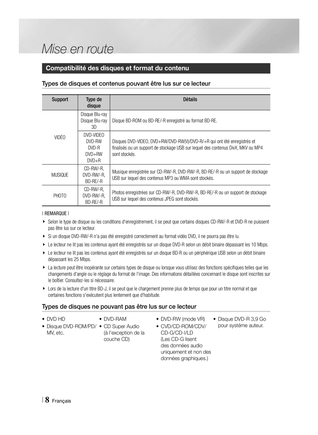 Samsung BD-ES6000/ZF, BD-ES6000E/ZF manual Mise en route, Compatibilité des disques et format du contenu 