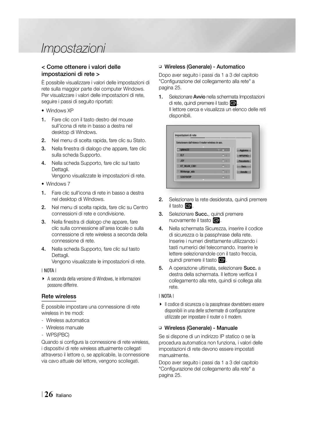 Samsung BD-ES6000E/ZF, BD-ES6000/ZF manual Come ottenere i valori delle impostazioni di rete, Rete wireless 