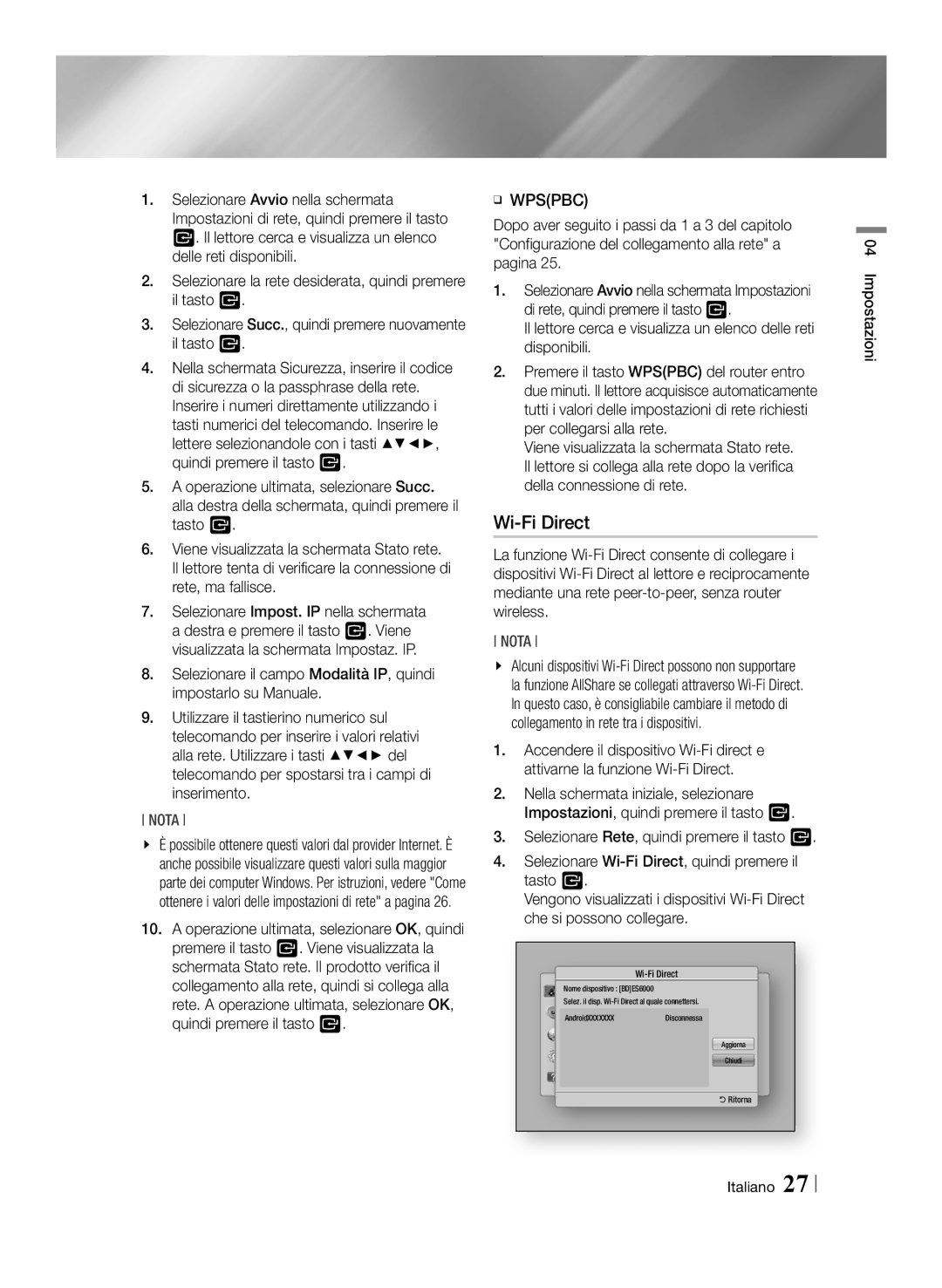 Samsung BD-ES6000/ZF, BD-ES6000E/ZF manual Impostazioni, Italiano 