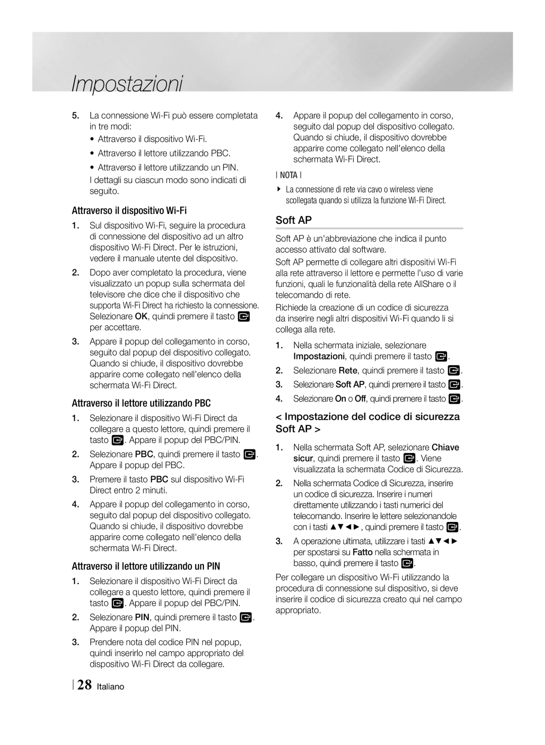 Samsung BD-ES6000E/ZF, BD-ES6000/ZF manual Attraverso il dispositivo Wi-Fi, Attraverso il lettore utilizzando PBC 