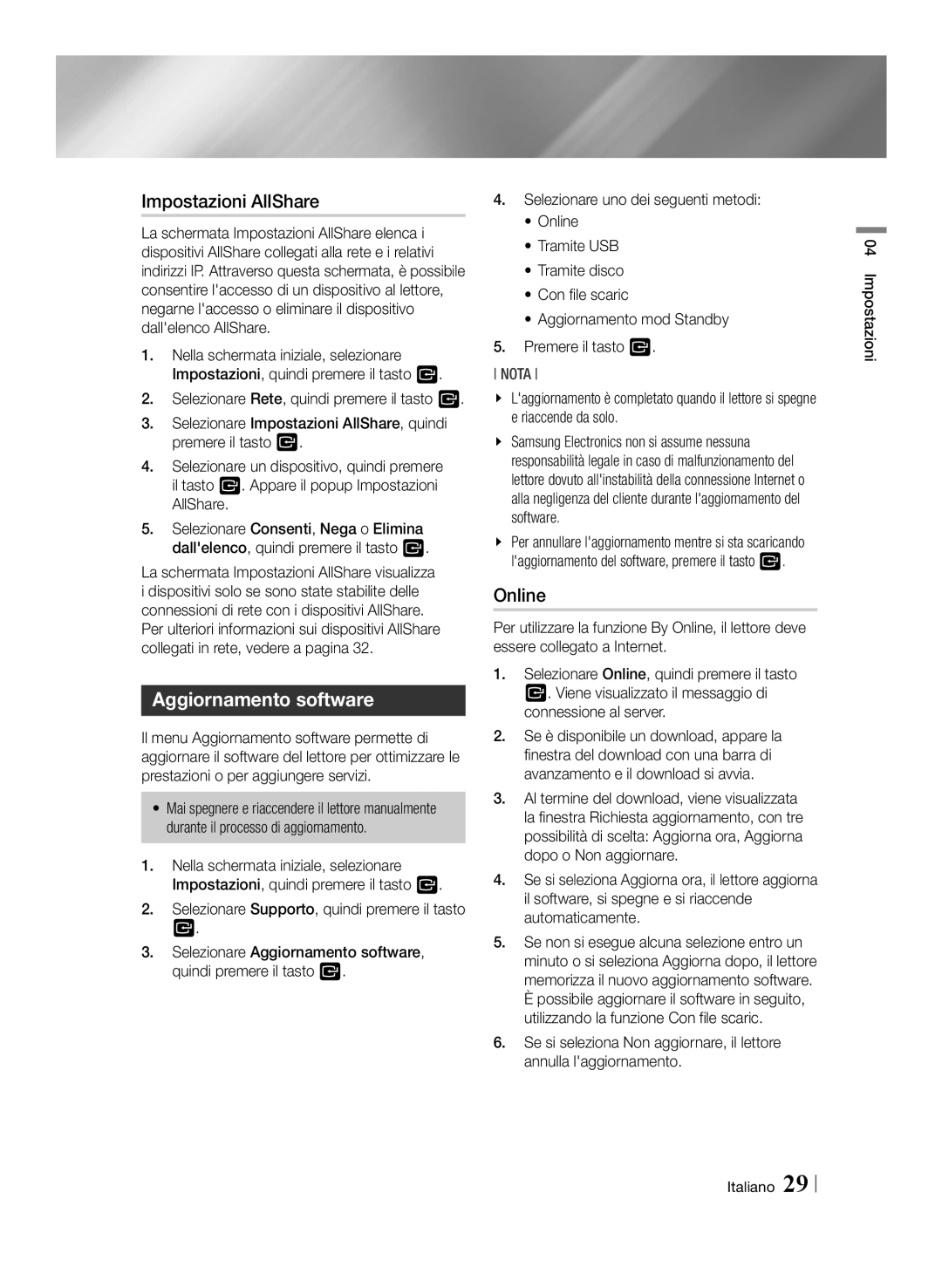 Samsung BD-ES6000/ZF, BD-ES6000E/ZF manual Impostazioni AllShare, Aggiornamento software, Online 