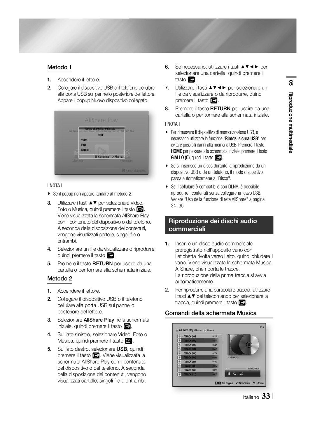 Samsung BD-ES6000/ZF, BD-ES6000E/ZF manual Riproduzione dei dischi audio commerciali, Comandi della schermata Musica, Metodo 