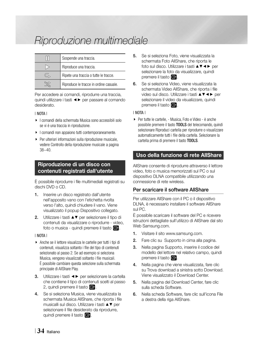 Samsung BD-ES6000E/ZF, BD-ES6000/ZF manual Uso della funzione di rete AllShare, Per scaricare il software AllShare, 38~40 