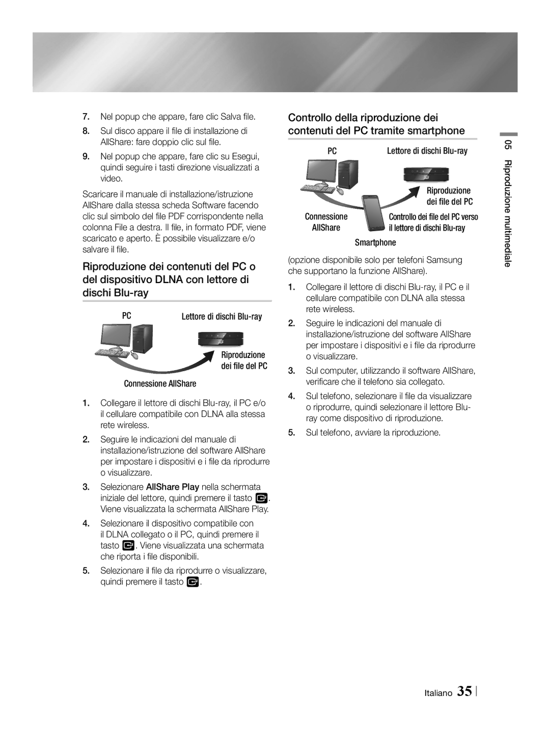 Samsung BD-ES6000/ZF manual Nel popup che appare, fare clic Salva file, Smartphone, Sul telefono, avviare la riproduzione 