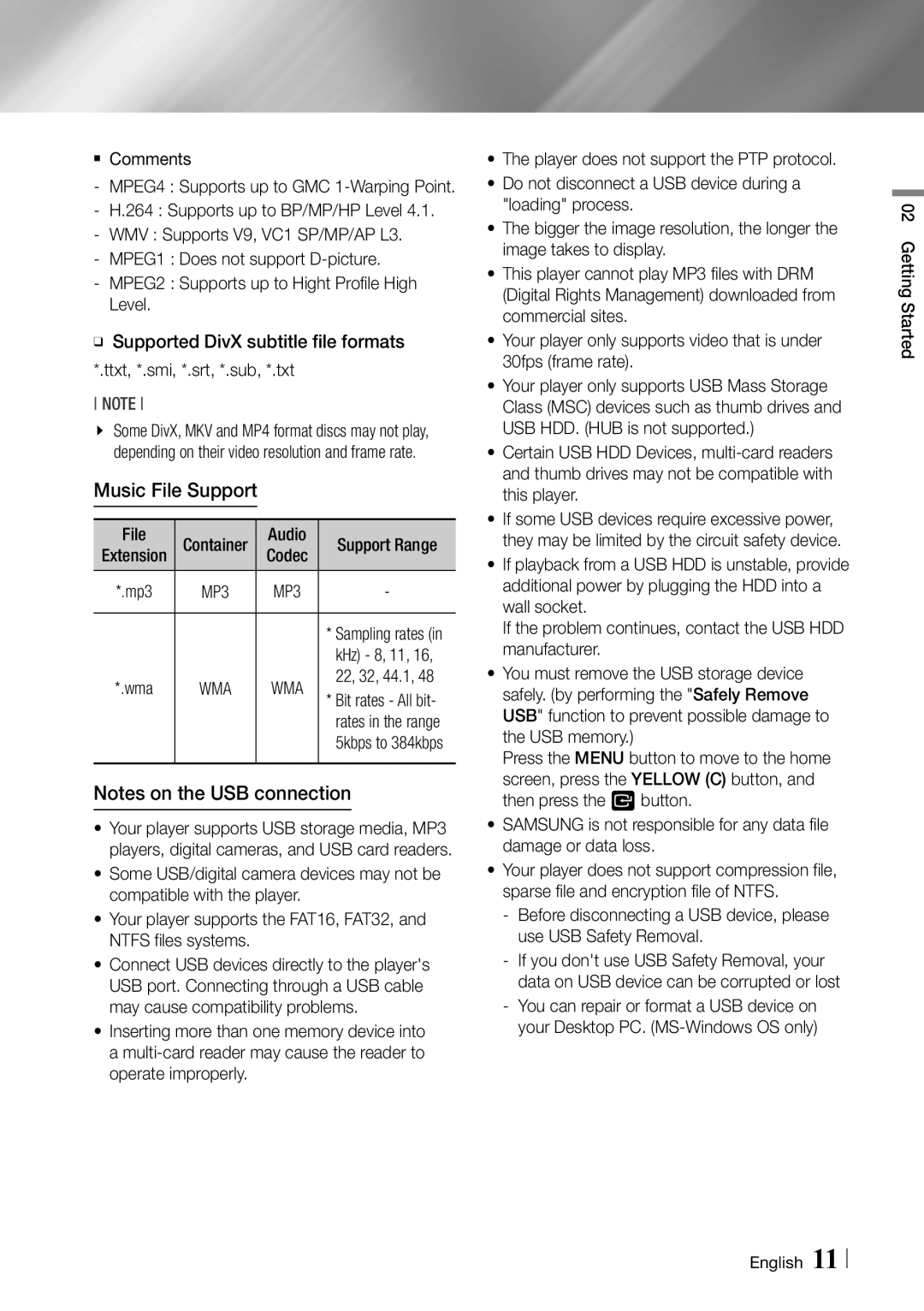 Samsung BD-ES7000/XE, BD-ES7000/EN manual Music File Support, Support Range 